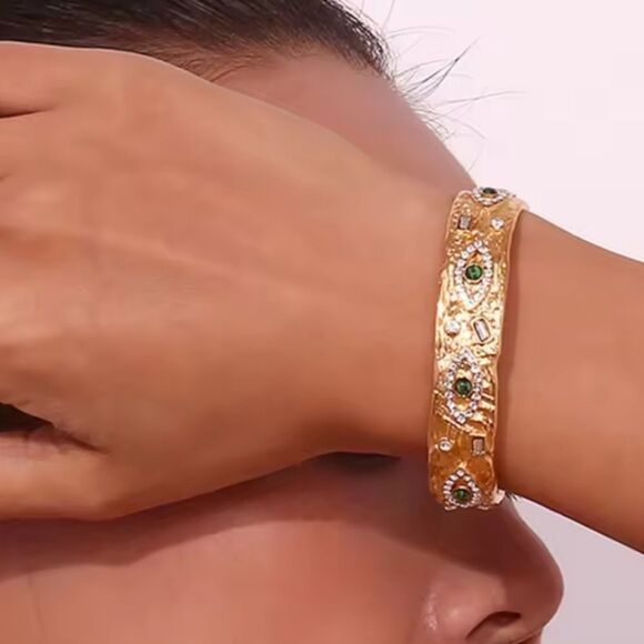 New ANTHRO Malachite 18k Gold Ss Evil Eye Protection Bangle Bracelet - Picture 3 of 12